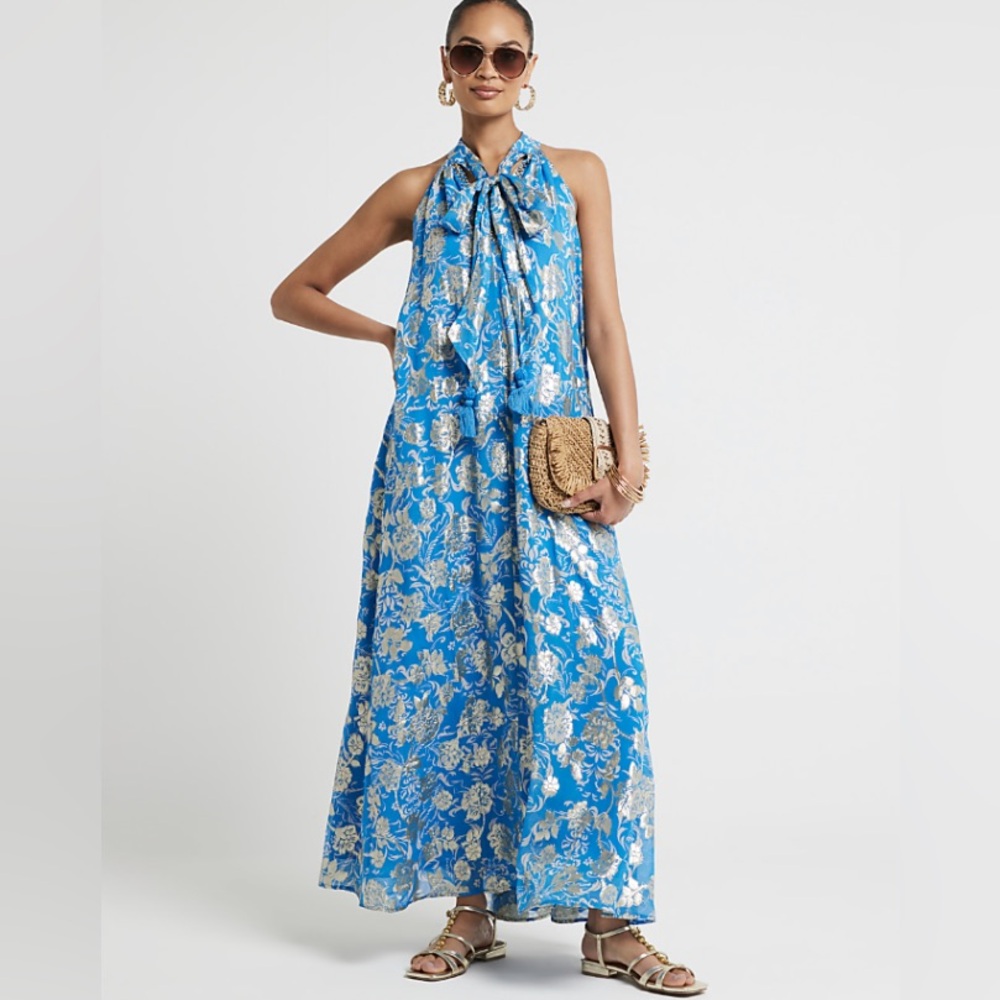 Blue Floral Glitter Shift Maxi Dress